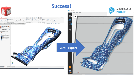 Example of setting up a textured part in SolidWorks, then saving the file in 3MF format and importing it into GrabCAD Print, for printing on a full-color Stratasys PolyJet printer. (Image courtesy GrabCAD)