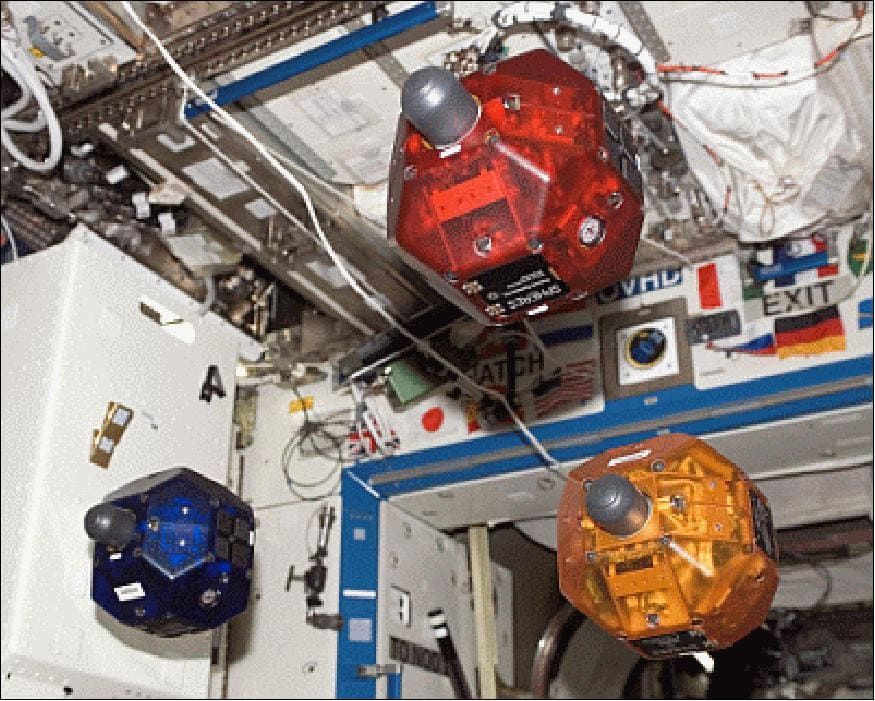 NASA Ames SPHERES mini-satellites in formation onboard the International Space Station. (Image courtesy NASA)