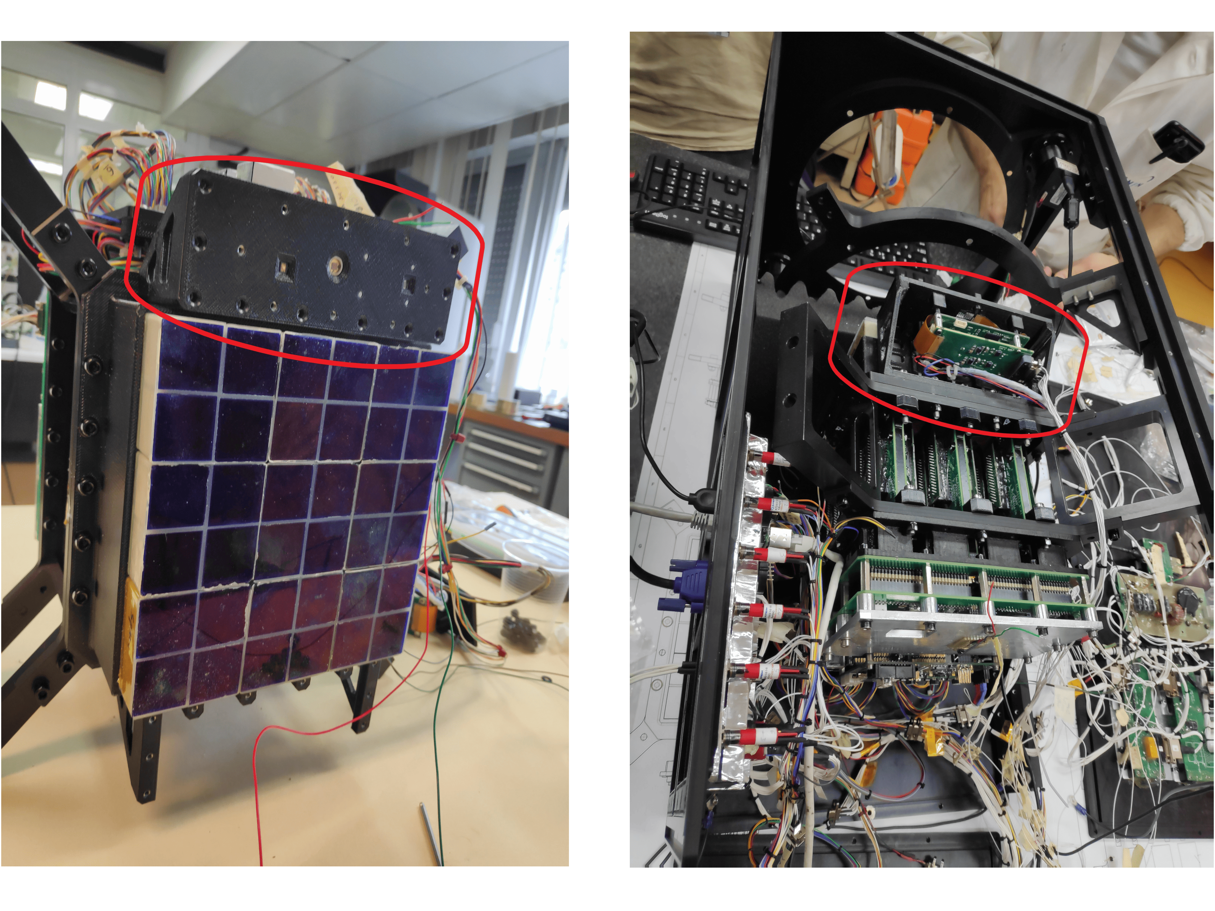 Left: 3D printed Ultem 9085 face-plate added to Mini-EUSO detector bracket. Right: Final unit with electronics included, installed in the complete Mini-EUSO instrument housing. (Images courtesy Italian National Institute for Nuclear Physics (INFN))