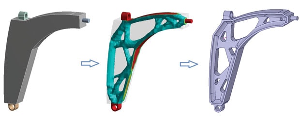 Topology optimization applied to the design of an automobile upper control-arm done with GENESIS Topology for ANSYS Mechanical (GTAM) from Vanderplaats Research & Development and ANSYS SpaceClaim