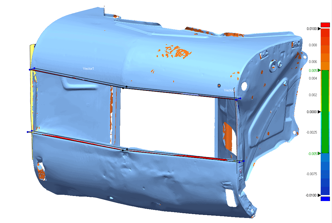 Surface data file created from the PV544 bumper/grill scanned mesh. Note the reference plane constructed along the left side. File conversion and measurements completed by Rapid Scan 3D. (Image courtesy Rapid Scan 3D.)
