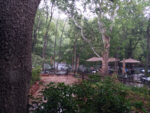 Rain falling on Oak Creek from the Hotel Patio.  The Temp dropped to around 65F and then the sun came out.  