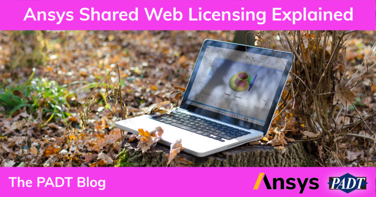 Ansys Shared Web Licensing Explained - Cover Photo. Laptop in the forest on a stump with an Ansys model