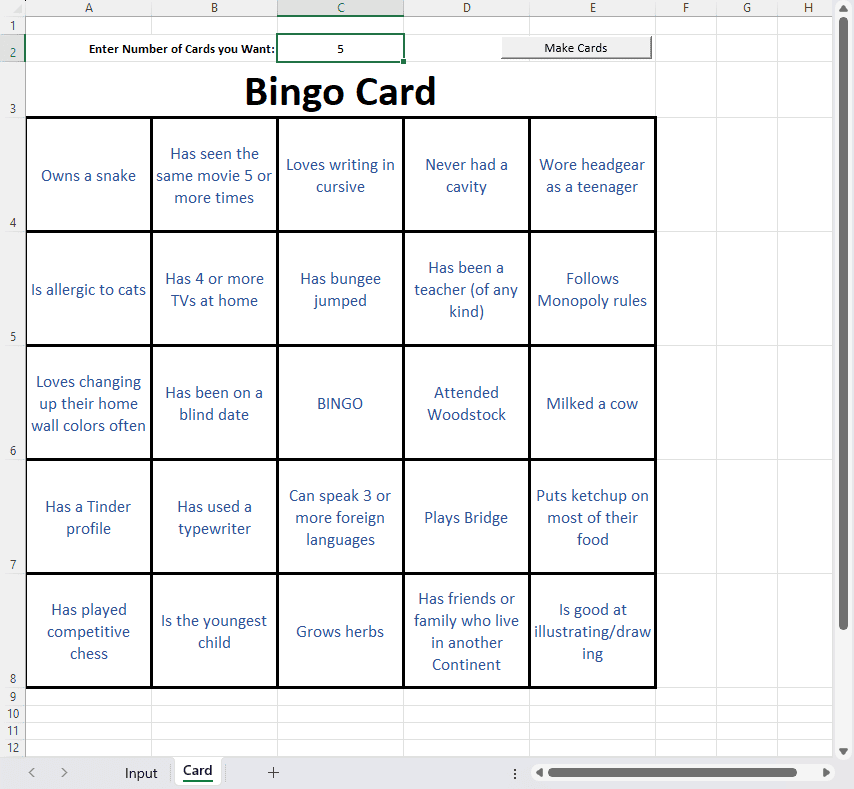Excel Bingo Card Generator, The second sheet